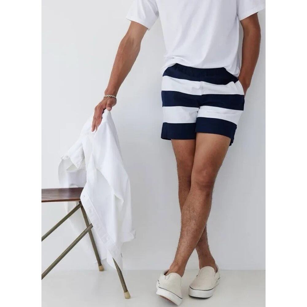 AYR Mens XL Cotton Shorts Chino Pull On Drawstring Waist 5.5" Blue Rugby Stripe